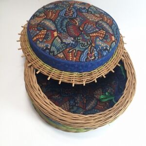 Handmade Round Wicker Sewing Basket with Vibrant Fabric Lining & Lid Rustic Box
